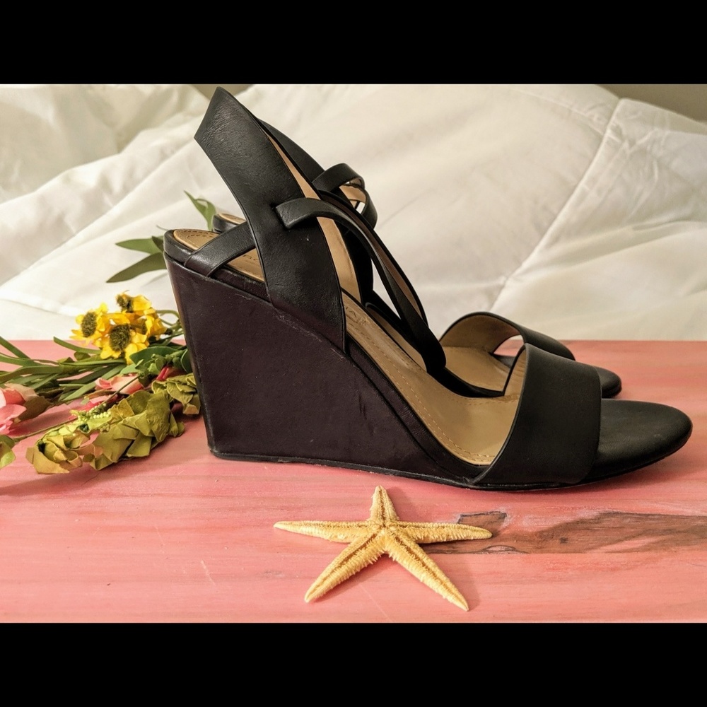 BCBG MaxAzria Ankle Strap Wedge Sandal, Black